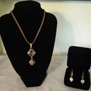 Lia Sophia Gold and Brown Necklace and Earrings with Crystal Accents 16-18"